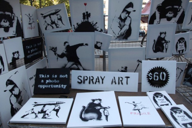 The 'Spray Art' stall Banksy setup in Central Park on Saturday.  Photo: http://www.banksyny.com/